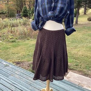 Tiered Brown Cotton Eyelet Vintage Carole Little Boho Cottagecore Lined Skirt 8